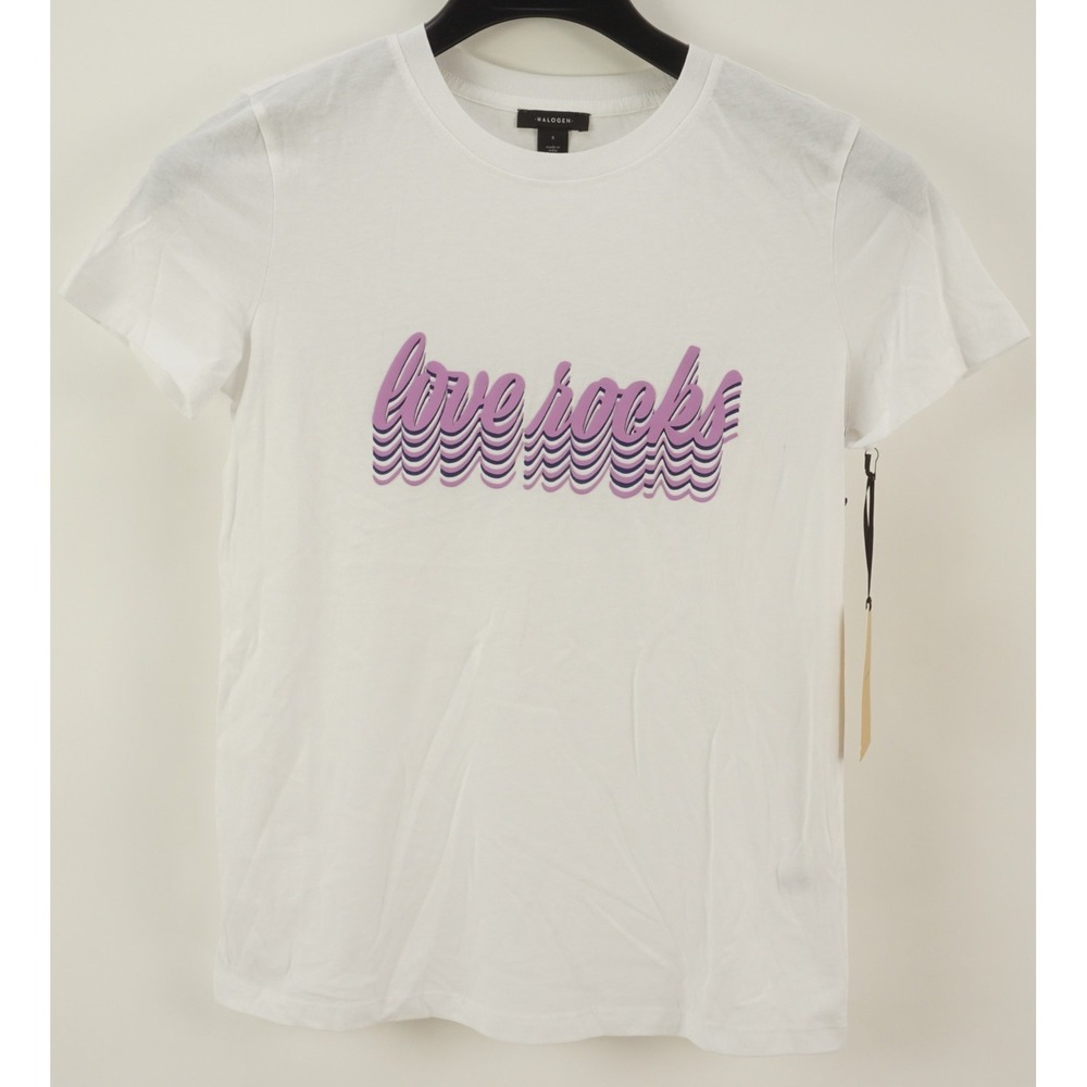 New‎ Halogen Love Rocks Women's Small Short Sleeve White Jersey Crew T-Shirt